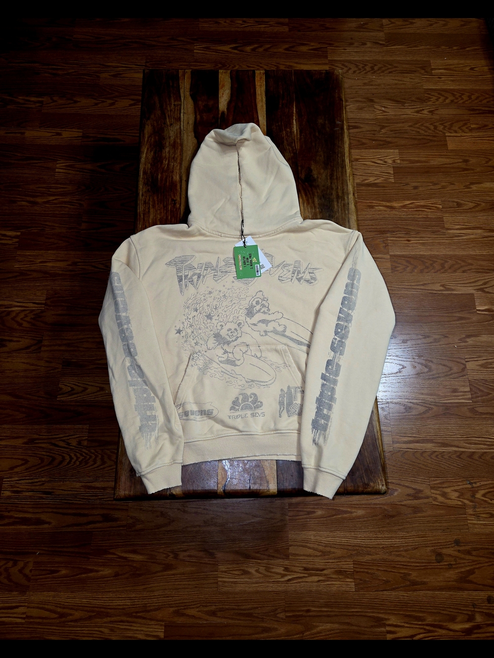 Triple 7's Beige Graphic Hoodie with Gray Print